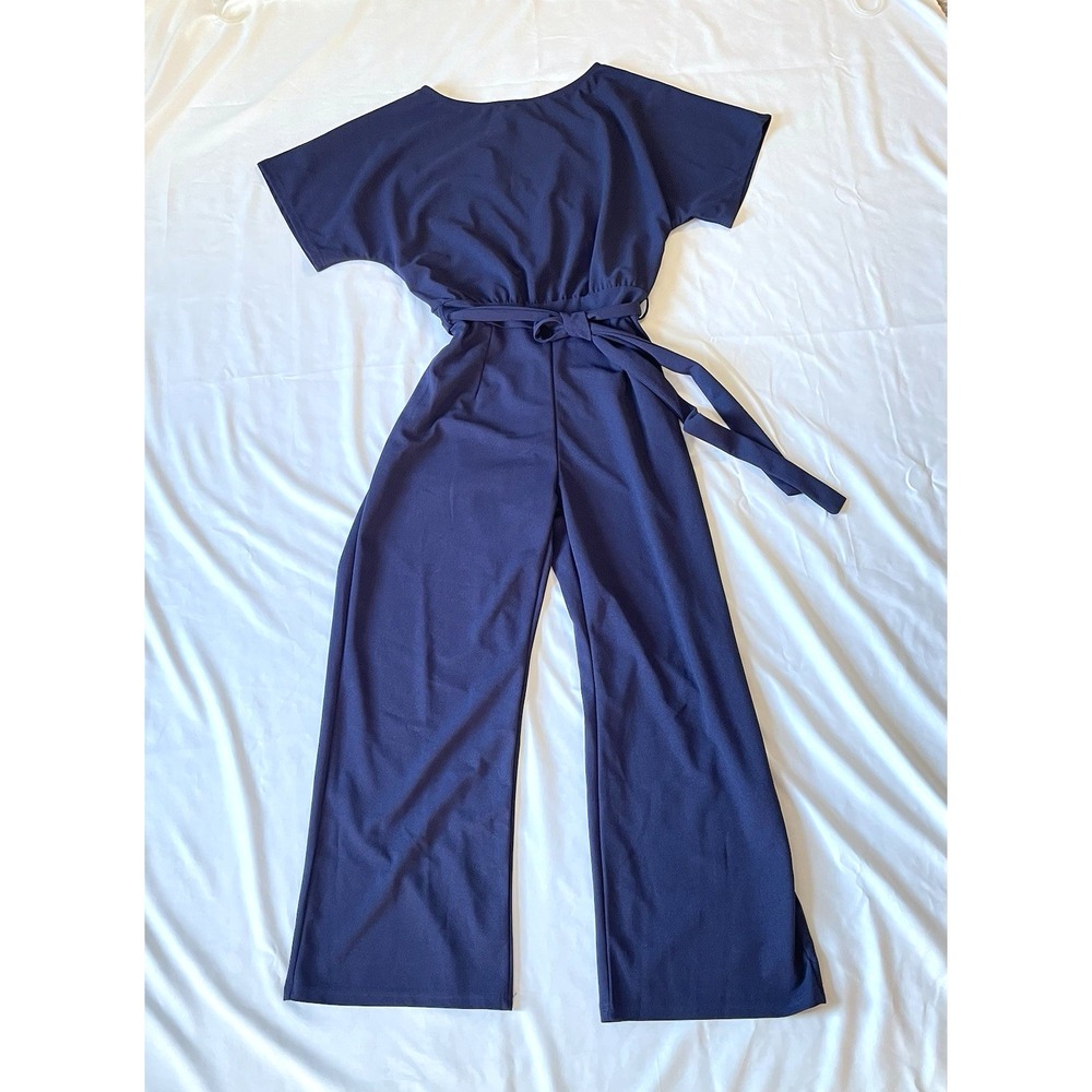 Women's Navy XL One Piece Romper/Jumpsuit Short Sleeve Belted Side Zipper Long - Picture 5 of 11